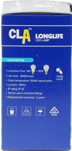 CLA 6 Watt LED Globe With BC/B22 Connection 5000k